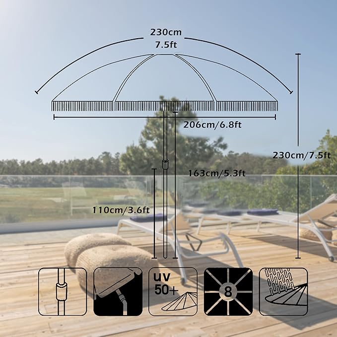 7.5ft Patio Umbrella with Fringe, Beach Umbrella, Fringe Umbrella Outdoor Patio with Hanging Hook, Tilting Aluminum Pole, UV 50+, Fiberglass Ribs, Blue White Stripe