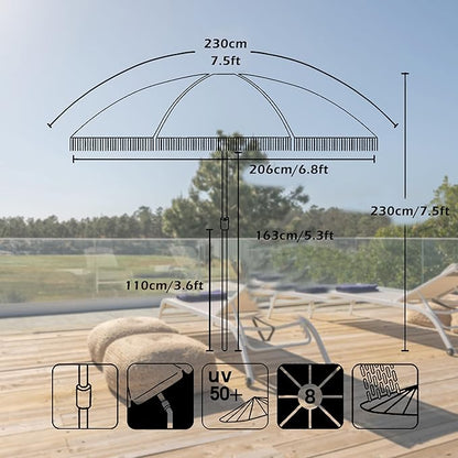 7.5ft Patio Umbrella with Fringe, Beach Umbrella, Fringe Umbrella Outdoor Patio with Hanging Hook, Tilting Aluminum Pole, UV 50+, Fiberglass Ribs, Blue White Stripe