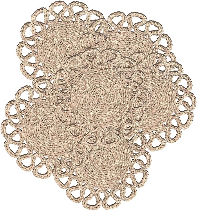 13.8" Set of 6 Round Seagrass Placemats | Boho Woven Rattan Table Mats | Farmhouse Wicker Spring Plate Chargers Like Water Hyacinth, Corn Husk for Wedding, Party, Christmas, Events