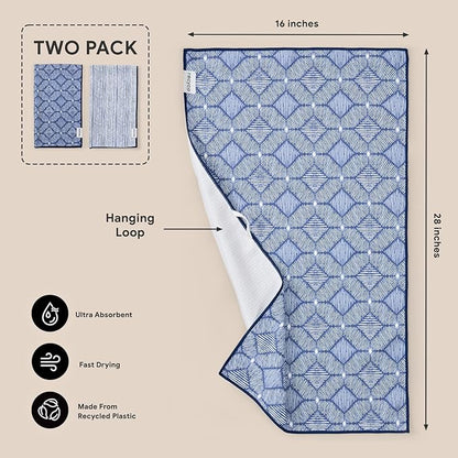 RECYCO Waffle Kitchen Towels Set of 2 Quick Dry Microfiber Sustainable Lightweight Hand Towels Indigo Harmony 16x28