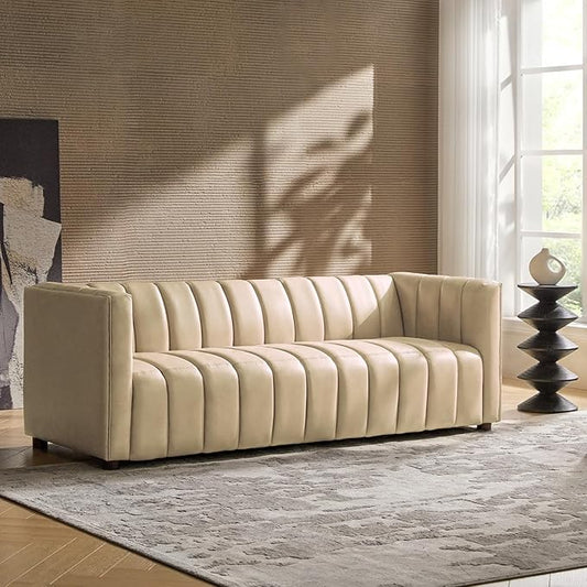 HULALA HOME 83" Genuine Leather Sofa with Channel Tufted Design, 3-Seater Sofa for Living Room Bedroom, Modern Oversized Couch with Wood Legs, Beige
