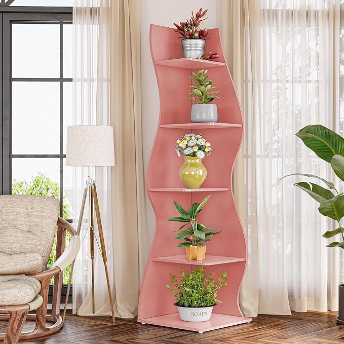 LITTLE TREE 70-Inch Corner Shelf, Seaweed Shaped Etagere Display Bookshelf, Freestanding 5-Tier Wall Shelves for Small Spaces, Living Room, Bedroom, Pink, 2 Pack
