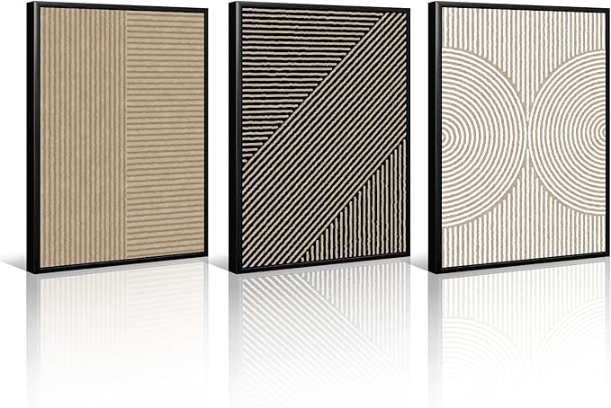 Boho Modern Wall Art Pictures Neutral Abstract Canvas Wall Decor Minimalist Line Wall Art Beige Brown Black Poster Mid Century Painting Artwork for Living Room Bedroom 12x16 Inch Framed Set of 3