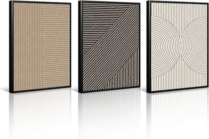 Boho Modern Wall Art Pictures Neutral Abstract Canvas Wall Decor Minimalist Line Wall Art Beige Brown Black Poster Mid Century Painting Artwork for Living Room Bedroom 12x16 Inch Framed Set of 3