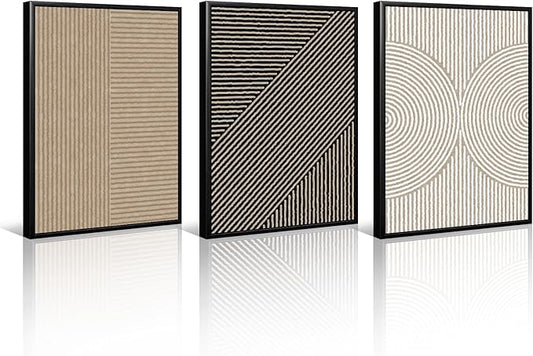 Boho Modern Wall Art Pictures Neutral Abstract Canvas Wall Decor Minimalist Line Wall Art Beige Brown Black Poster Mid Century Painting Artwork for Living Room Bedroom 12x16 Inch Framed Set of 3