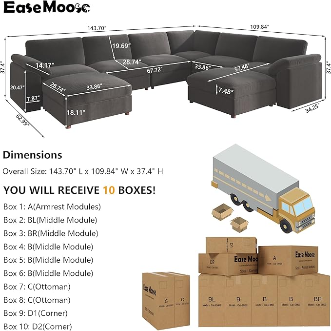 EASE MOOSE Sectional Modular Sofa,Oversized U Shape Sectional Couch Wide Deep Seat Modular Cloud Couch,Dark Grey