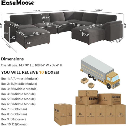 EASE MOOSE Sectional Modular Sofa,Oversized U Shape Sectional Couch Wide Deep Seat Modular Cloud Couch,Dark Grey