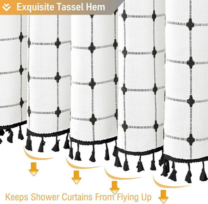 BTTN White and Black Boho Shower Curtain - Linen Rustic Farmhouse Heavy Duty Fabric Shower Curtain Set with Tassel, Water Repellent, Bohemian Vintage Country Cloth Shower Curtains for Bathroom, 72x72