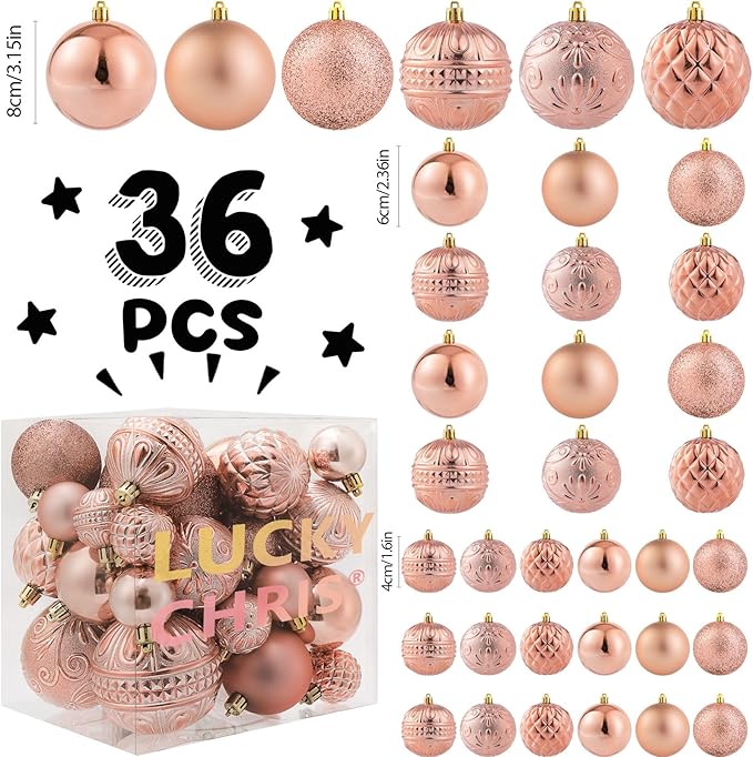Christmas Ball Ornaments Rose Gold Christmas Tree Decorations with Hang Rope-36pcs Shatterproof Christmas Ornaments Set with 6 Styles in 3 Sizes(Small Medium Large)
