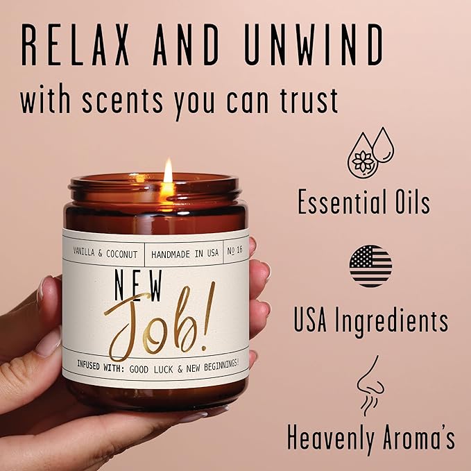 New Job Gifts for Women, Congratulations Gifts for Women - 'New Job Candle, w/Vanilla & Coconut I Job Promotion Gifts for Women I Leaving Job Gifts I Goodbye Coworker Gift I 50Hr Burn, Made in USA