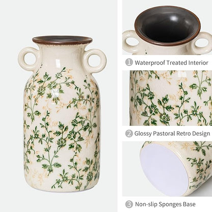 Vintage Pastoral Vase with Handles, Green and Beige Retro Ceramic Flower Vase, Rustic Farmhouse Vases Chinoiserie Floral Large Vase for Home Decor, Living Room, Kitchen, Bedroom and Shelf 9.1 Inch
