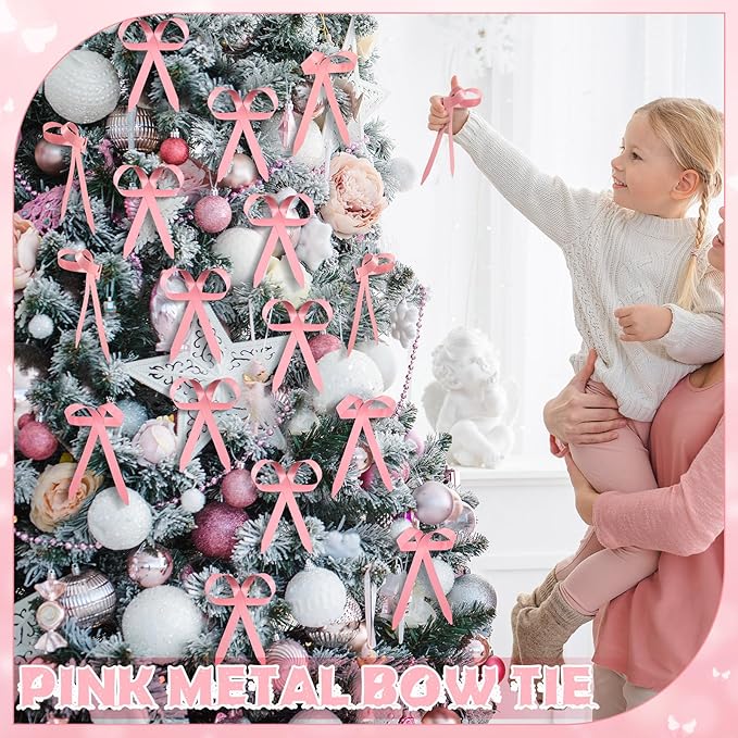 12 Pcs 2025 Metal Christmas Bow Ornaments for Christmas Tree Garland Wreath Bulk Bow with Clip Ornament Vintage Indoor Outdoor Home Xmas Party Decorations, 4 x 5 Inches (Pink)