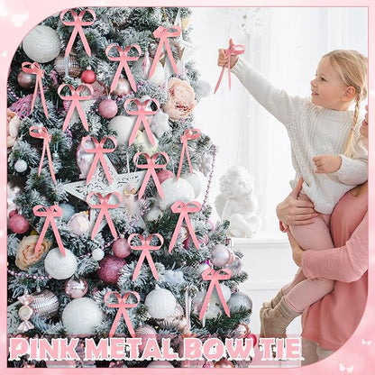 12 Pcs 2025 Metal Christmas Bow Ornaments for Christmas Tree Garland Wreath Bulk Bow with Clip Ornament Vintage Indoor Outdoor Home Xmas Party Decorations, 4 x 5 Inches (Pink)