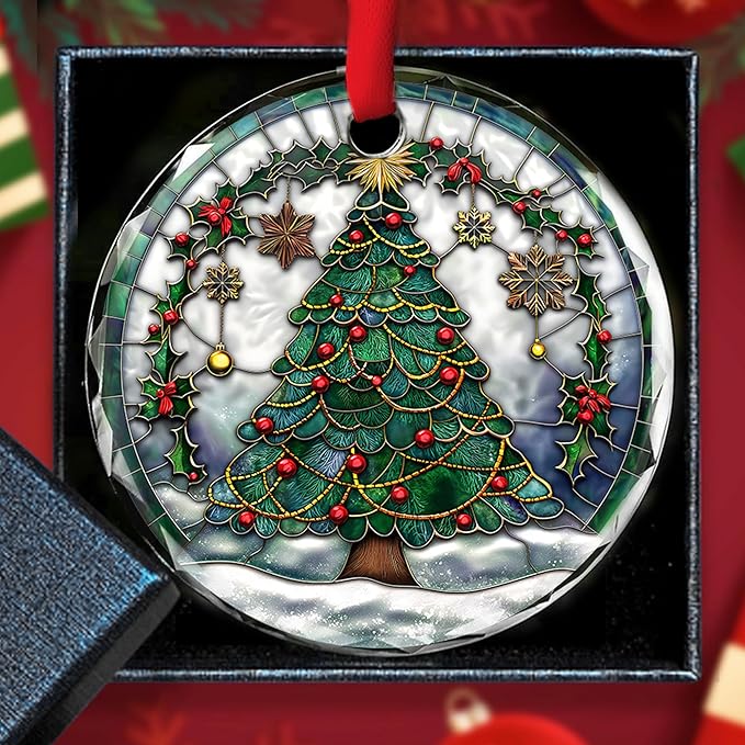 Christmas Christmas Tree Glass Ornament 2025 - Ornament Glass Hanging Decoration for Holiday Tree - Cheerful Xmas Keepsake Gift - Circular Festive Accent for Home or Workspace/A01
