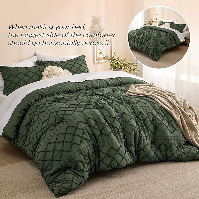 Bedsure King Comforter Set - Olive Green Comforter, Boho Tufted Shabby Chic Bedding for Kids, 3 Pieces Vintage Farmhouse Bed Set for All Seasons, Fluffy Soft Bedding with 2 Pillow Shams