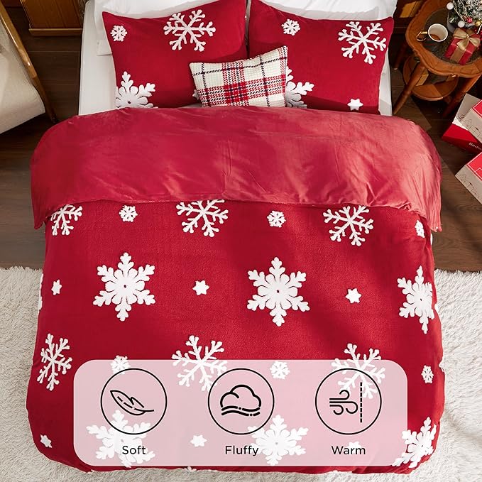 Bedsure Fluffy Duvet Cover Set - Ultra Soft Plush Shaggy Comforter Cover King Size, Warm Flannel Fleece Bed Sets for Winter, 3 Pieces, Snowflake Pattern, Red