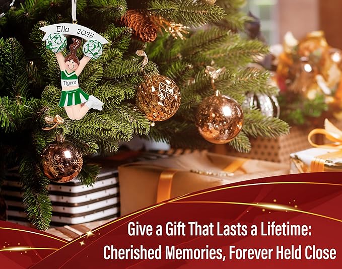 Personalized Cheerleader Christmas Ornament 2025 | Cheer Girl Dancer Cheerleading with Green Pompom Ornament for Christmas Tree | Pom Pom Dance Gift