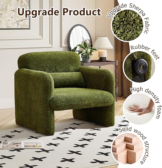 33.86" Accent Chairs, Modern Upgrade Sherpa Fabric Arm Chair Comfy Upholstered Armchair Leisure Single Sofa Chair with a Waist Pillow for Bedroom, Office and Living Room