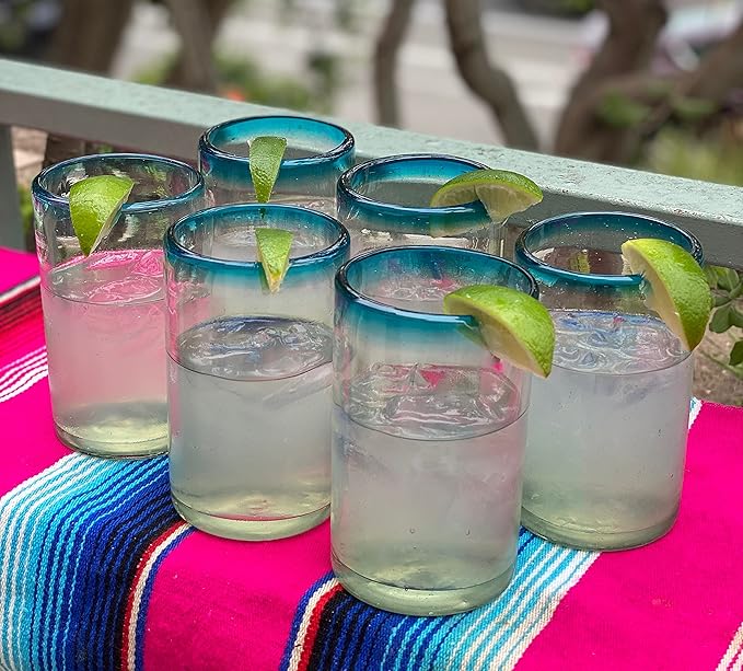 Dos Sueños Hand Blown Mexican Drinking Glasses – Set of 6 Glasses with Aqua Rims 14 oz each