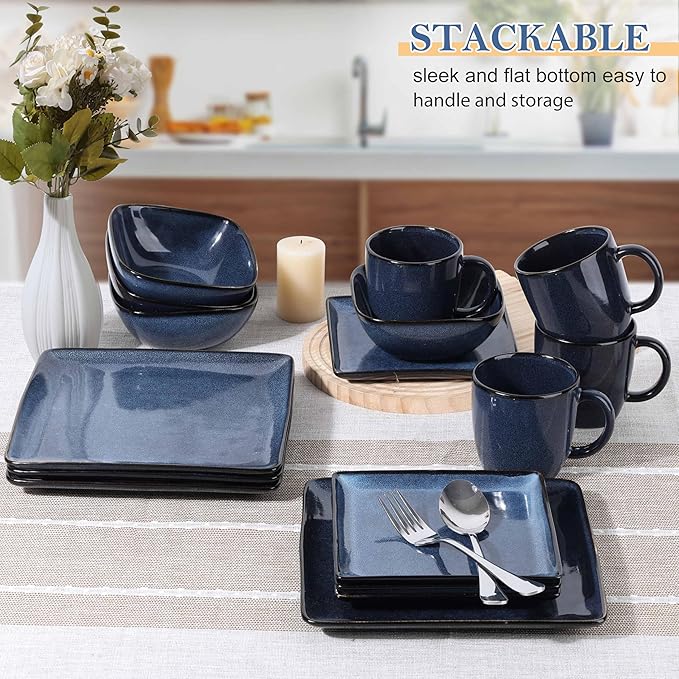 LIANYU 16 Piece Square Dinnerware Sets, Ceramic Plates and Bowls Sets for 4, Dinner Dishes for Kitchen Dining, Microwave & Dishwasher Safe, Sapphire Blue