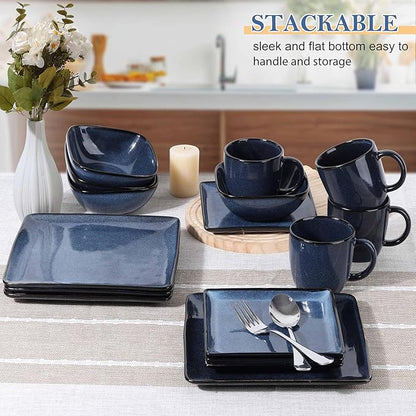 LIANYU 16 Piece Square Dinnerware Sets, Ceramic Plates and Bowls Sets for 4, Dinner Dishes for Kitchen Dining, Microwave & Dishwasher Safe, Sapphire Blue