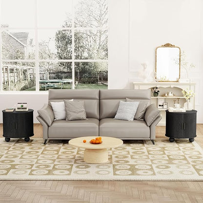 24" Round Nightstand with Charging Station, Mid-Century Modern Large Wood End Table with Storage & Sliding Door, Accent Side Tbale for Living Room Bedroom (Round, Black)