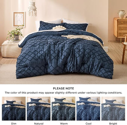 Bedsure Oversized Queen Comforter Set - Navy Blue Comforter, Boho Tufted Shabby Chic Bedding, 3 Pieces Vintage Farmhouse Bed Set for All Seasons, Fluffy Soft Bedding with 2 Pillow Shams