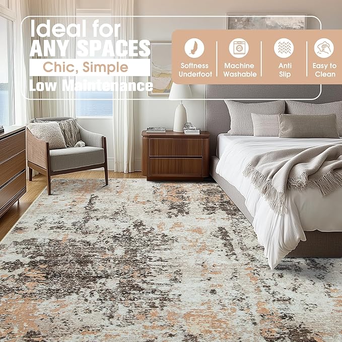 9x12 Area Rugs for Living Room Rug Washable: Abstract Large Rug for Dining Room Bedroom Carpet Non Slip 9 by 12 Indoor Modern Nursery Home Office Brown Beige