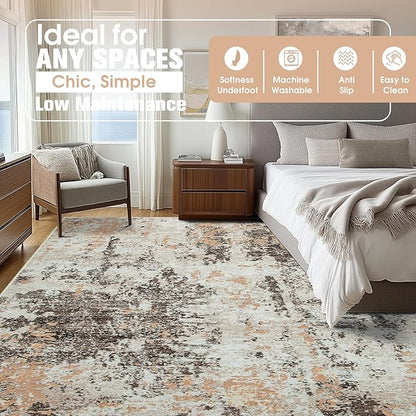 9x12 Area Rugs for Living Room Rug Washable: Abstract Large Rug for Dining Room Bedroom Carpet Non Slip 9 by 12 Indoor Modern Nursery Home Office Brown Beige