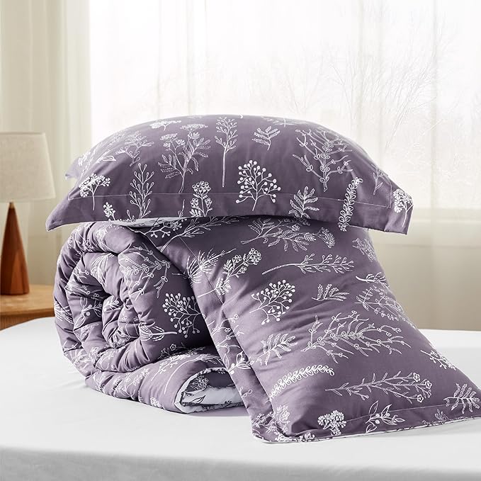 Bedsure Queen Comforter Set - Grayish Purple Bed Set, 3 Pieces Cute Floral Bedding, 1 Soft Reversible Botanical Flowers Comforter and 2 Pillow Shams