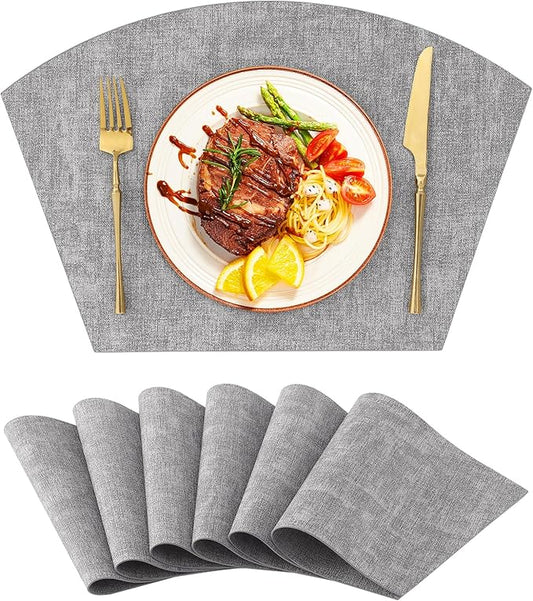 Homaxy Round Table Placemats Set of 6, Washable Wedge Shaped Faux Leather Table Mats, Wipeable Kitchen Dinner Place Mats for Indoor Outdoor, Light Grey