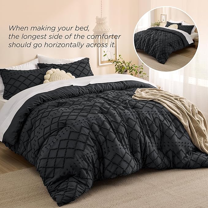 Bedsure King Comforter Set - Black Comforter, Boho Tufted Shabby Chic Bedding for Kids, 3 Pieces Vintage Farmhouse Bed Set for All Seasons, Fluffy Soft Bedding with 2 Pillow Shams