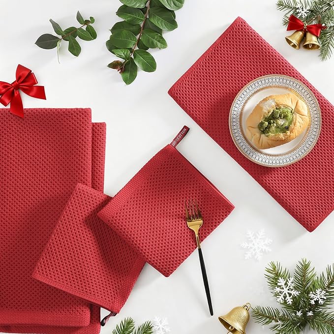 Homaxy 100% Cotton Kitchen Towels and Dishcloths Set, 12 x 12 Inches and 13 x 28 Inches, Set of 10 Bulk Kitchen Towels Set, Ultra Soft Absorbent Dish Cloths for Washing Dishes, Red