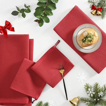 Homaxy 100% Cotton Kitchen Towels and Dishcloths Set, 12 x 12 Inches and 13 x 28 Inches, Set of 12 Bulk Kitchen Towels Set, Ultra Soft Absorbent Dish Cloths for Washing Dishes, Red