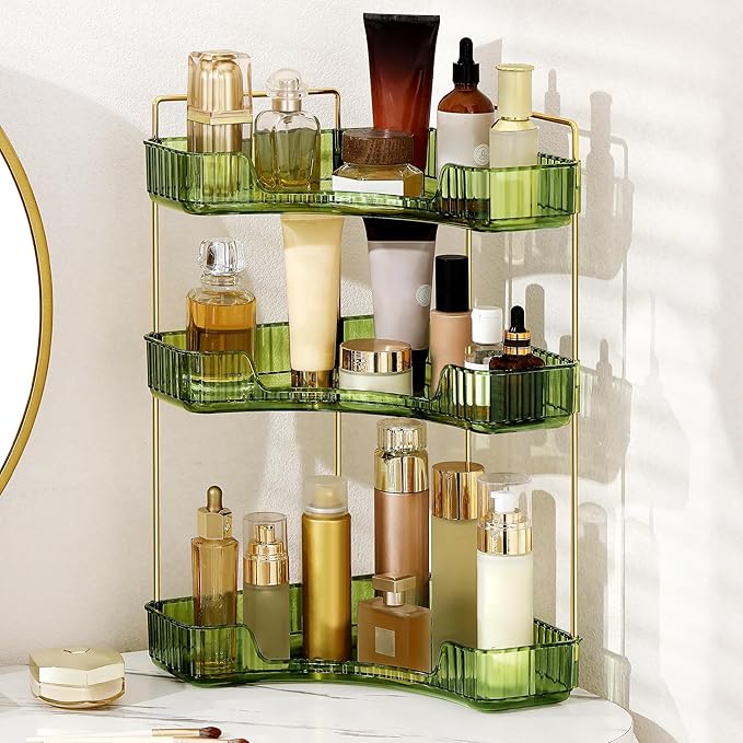 Corner Bathroom Counter Organizer Bathroom Countertop Shelf Makeup Organizer for Vanity Perfume Corner Storage (3 Tiers, Green)