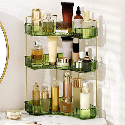 Corner Bathroom Counter Organizer Bathroom Countertop Shelf Makeup Organizer for Vanity Perfume Corner Storage (3 Tiers, Green)