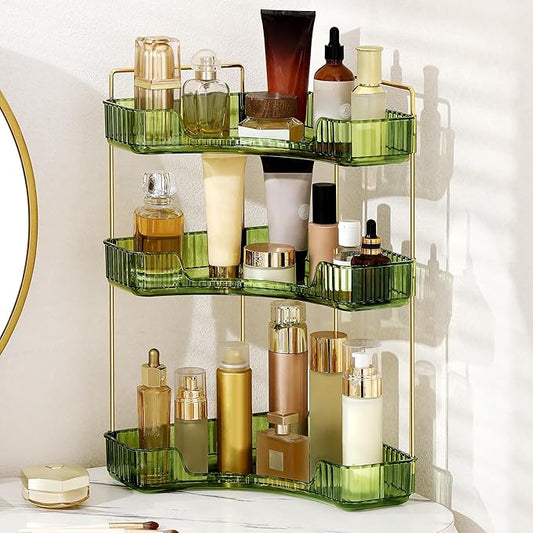 Corner Bathroom Counter Organizer Bathroom Countertop Shelf Makeup Organizer for Vanity Perfume Corner Storage (3 Tiers, Green)
