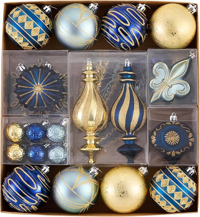 Valery Madelyn Ornaments for Christmas Trees, 60ct Blue and Gold Shatterproof Christmas Tree Decorations, Luxury Hanging Ball Ornaments Bulk for Xmas Holiday Party Decor