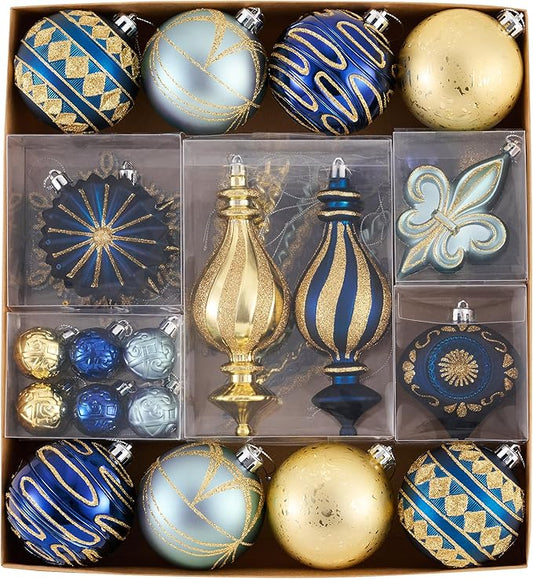 Valery Madelyn Ornaments for Christmas Trees, 60ct Blue and Gold Shatterproof Christmas Tree Decorations, Luxury Hanging Ball Ornaments Bulk for Xmas Holiday Party Decor