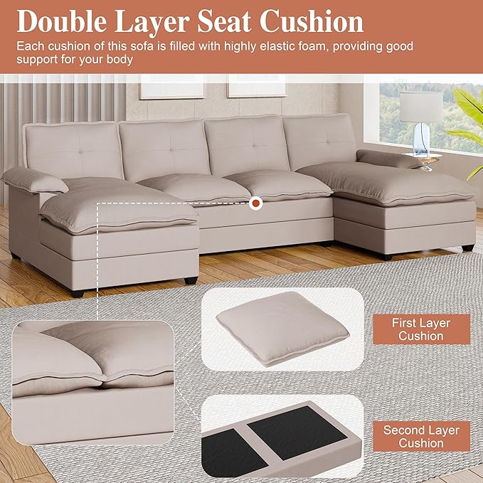 Meilocar U Shaped Sectional Sofa 4 Seat Cloud Couch Double Wide Chaise, Beige