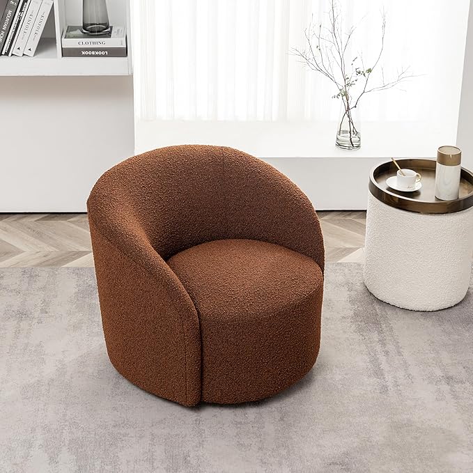 KINWELL 34" W Mid Century Modern Swivel Barrel Chair, Round Upholstered Boucle Swivel Accent Chairs, No Assembly Chair for Living Room Bedroom Reading Apartment Lounge Nursery
