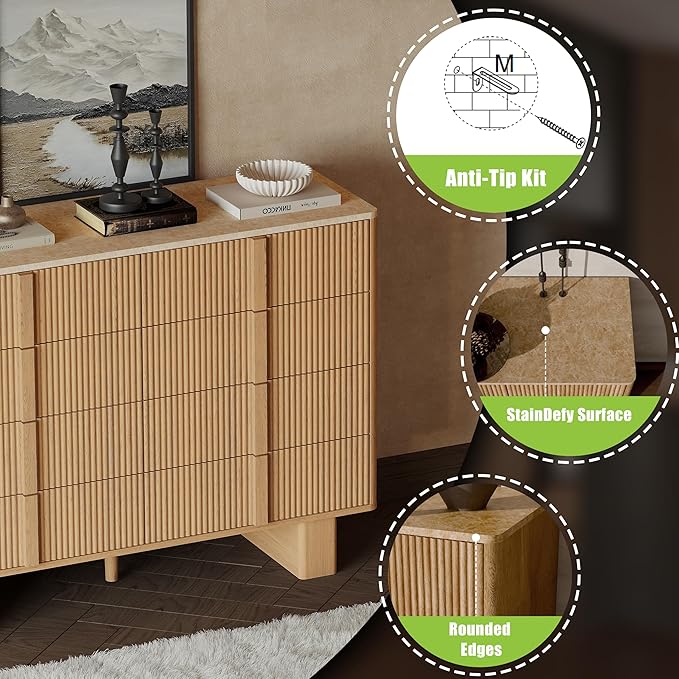 Fluted Dresser for Bedroom with 8 Drawers,47" Wide Modern Chest of Drawers with Wooden Handle, Wooden Dresser TV Stand, Wood Closet Clothes Storage Organizer for Living Room, Hallway, Light Oak