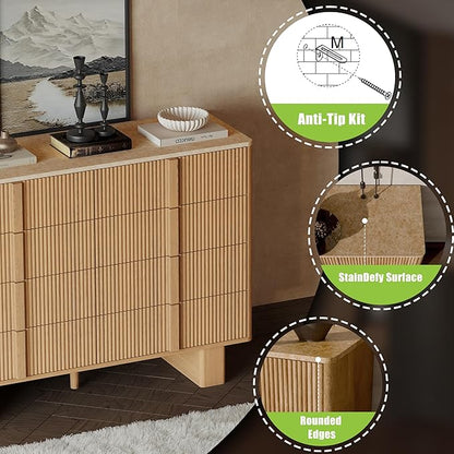 Fluted Dresser for Bedroom with 8 Drawers,47" Wide Modern Chest of Drawers with Wooden Handle, Wooden Dresser TV Stand, Wood Closet Clothes Storage Organizer for Living Room, Hallway, Light Oak