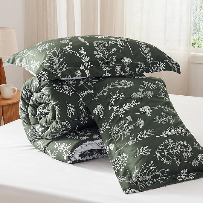 Bedsure King Comforter Set - Dark Olive Green Bed Set, 3 Pieces Cute Floral Bedding, 1 Soft Reversible Botanical Flowers Comforter and 2 Pillow Shams