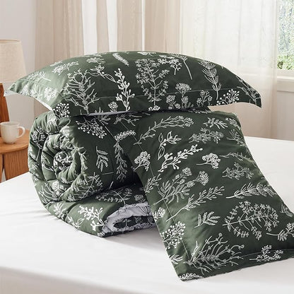 Bedsure Full Comforter Set - Dark Olive Green Bed Set, 3 Pieces Cute Floral Bedding, 1 Soft Reversible Botanical Flowers Comforter and 2 Pillow Shams