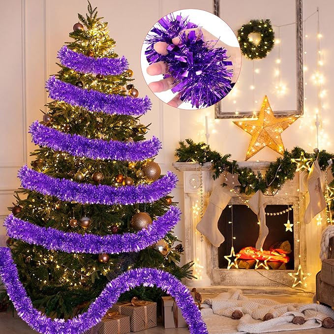 50 FT Purple Christmas Tinsel Garland Christmas Decorations for Xmas Tree Decor, Shiny Metallic Twist Hanging Tinsel Garlands for Stairs Mantle Fireplace Home Indoor Outdoor Holiday Party Supplies