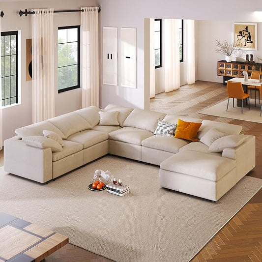 129" Large Modular Sectional Sofa L Shaped Modern Couch, Beige