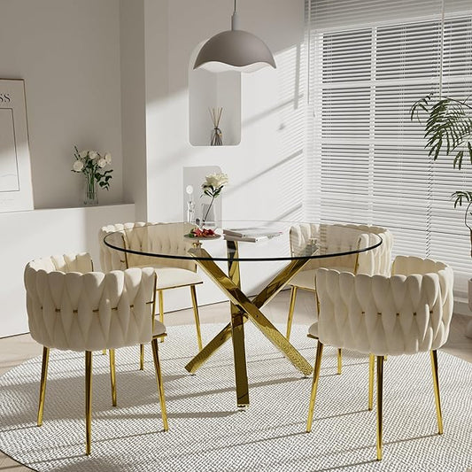 Modern Round Glass Dining Table Set for 4, 47'' Clear Circular Kitchen Table and Chairs Set, 5 PCS Mid Century Modern Circle Dining Room Table Set, Beige Woven Dining Chair for Home (Golden)