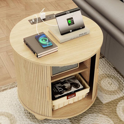 24" End Table with Charging Station, Farmhouse Round Fluted Wood Night Stand, Mid-Century Large Side Table with Storage & Sliding Door for Living Room, Bedroom (Round, Natural)