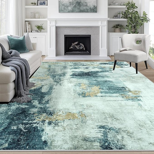 9x12 Area Rugs for Living Room Rug Washable: Abstract Large Rug for Dining Room Bedroom Carpet Non Slip 9 by 12 Indoor Modern Nursery Home Office Teal Grey Gold